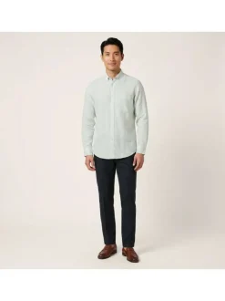 Chemise verte en lin à rayures pourvue avec une coupe droite et un col américain
