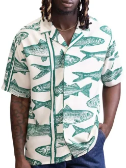 Chemise verte à motifs avec une coupe droite et un col cubain