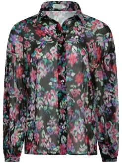 Chemisier black avec grosses fleurs floutés all-over coupe ample et fluide col italien