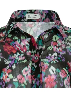 Chemisier black avec grosses fleurs floutés all-over coupe ample et fluide col italien