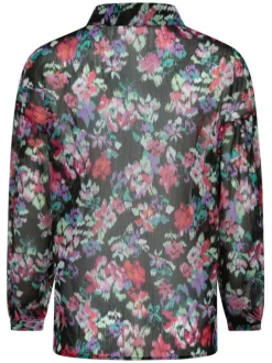 Chemisier black avec grosses fleurs floutés all-over coupe ample et fluide col italien