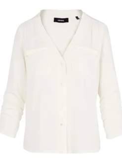 Chemisier blanc uni coupe droite col cache-coeur et poches poitrines