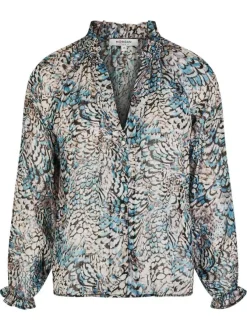 Chemisier bleu animalier avec une coupe droite et des manches longues