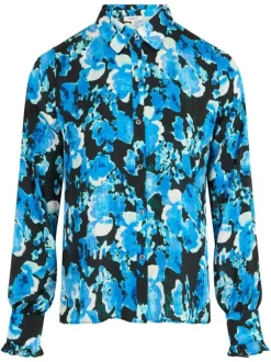 Chemisier bleu fleuri à coupe droite avec col à revers et manches longues