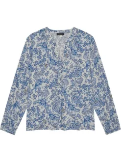 Chemisier bleu floral avec une coupe droite et un col tunisien