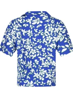 Chemisier bleu électrique fleuri avec une coupe droite et un col cranté