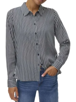 Chemisier bleu rayé avec un col chemise et à manches longues