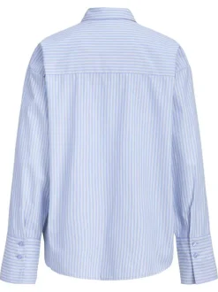 Chemisier bleu à rayures coupe droite pourvu d'un col chemise