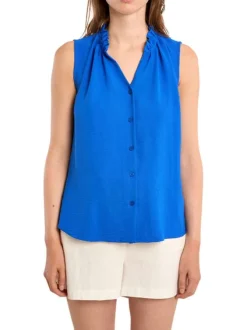 Chemisier bleu uni pourvu d'une coupe droite et d'un col chemise