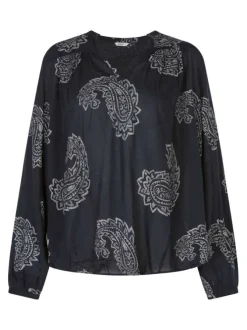 Chemisier blouse noir à motifs avec une coupe ample et un col tunisien