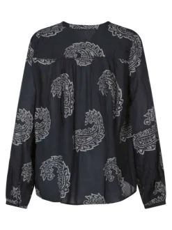 Chemisier blouse noir à motifs avec une coupe ample et un col tunisien
