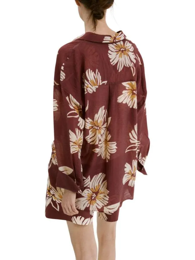 Chemisier bordeaux à motifs pourvu de manches longues et d'une coupe large