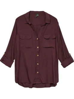 Chemisier bordeaux uni à coupe droite avec des boutons et un col V