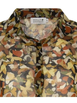 Chemisier camel à coupe droite col italien et motif papillon