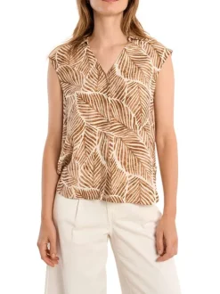 Chemisier camel à motifs floraux avec une coupe droite et un col chemise