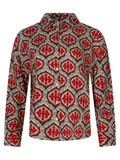 Chemisier écru avec motif fleuri rouge et bleu marine avec unne coupe droite