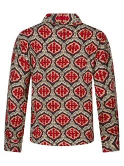 Chemisier écru avec motif fleuri rouge et bleu marine avec unne coupe droite