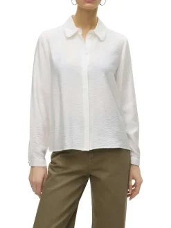 Chemisier écru uni avec un col chemise perlé et des manches longues