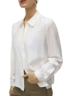 Chemisier écru uni avec un col chemise perlé et des manches longues