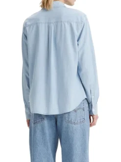Chemisier denim en coton bleu ciel uni à coupe droite avec le logo brodé