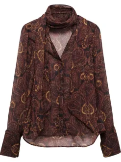 Chemisier effet blouse marron coupe ample orné d'un imprimé cachemire