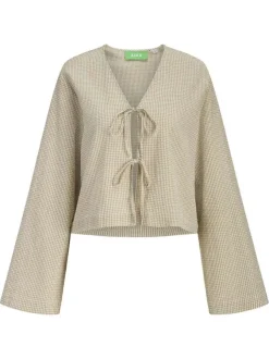 Chemisier en coton beige pourvu d'un motif à carreaux et de manches longues