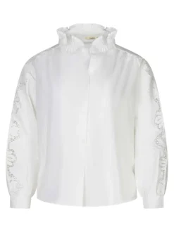 Chemisier en coton beige uni avec une coupe droite et un col montant festonné