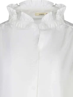 Chemisier en coton beige uni avec une coupe droite et un col montant festonné