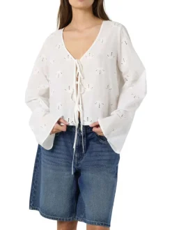 Chemisier en coton biologique blanc uni avec une coupe droite et d’un col en V