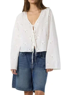 Chemisier en coton biologique blanc uni avec une coupe droite et d’un col en V