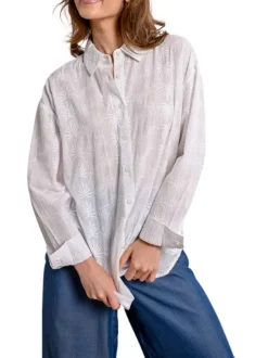Chemisier en coton blanc brodé avec une coupe droite et un col à revers