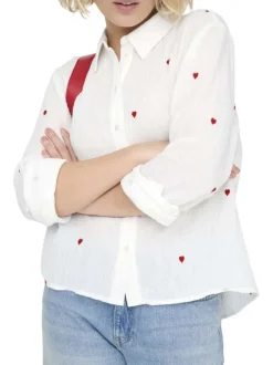 Chemisier en coton blanc à motifs coeurs avec une coupe droite et col à revers