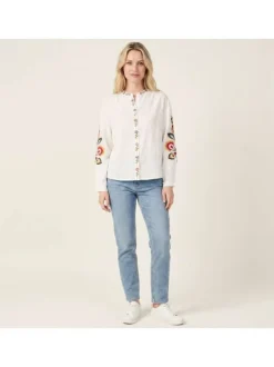 Chemisier en coton blanc uni avec une coupe droite et un col rond