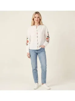 Chemisier en coton blanc uni avec une coupe droite et un col rond