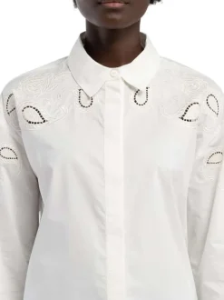 Chemisier en coton blanc uni à coupe droite avec de la broderie ajourée