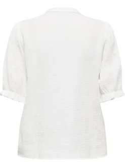 Chemisier en coton blanc uni effet crépon avec une coupe droite et un col mao