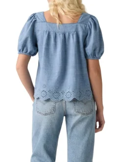 Chemisier en coton bleu uni avec une coupe droite et un col carré
