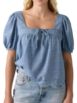 Chemisier en coton bleu uni avec une coupe droite et un col carré
