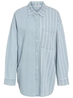 Chemisier en coton bleu uni avec une coupe droite et un col chemise