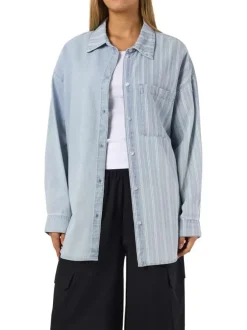 Chemisier en coton bleu uni avec une coupe droite et un col chemise
