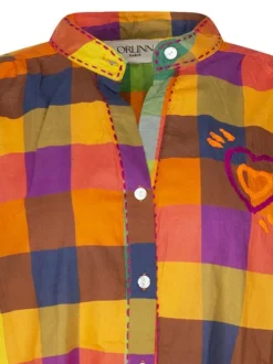 Chemisier en coton à carreaux multicolores avec une coupe large et un col Mao