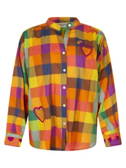 Chemisier en coton à carreaux multicolores avec une coupe large et un col Mao
