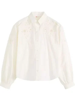 Chemisier en coton écru uni avec un col chemise et des détails brodés