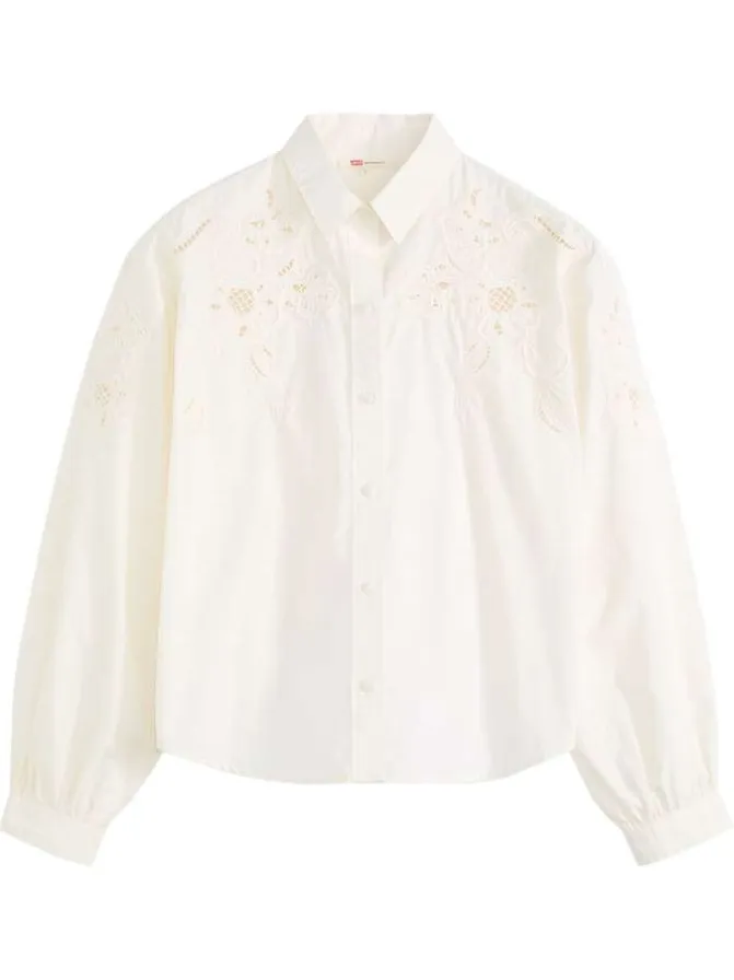 Chemisier en coton écru uni avec un col chemise et des détails brodés