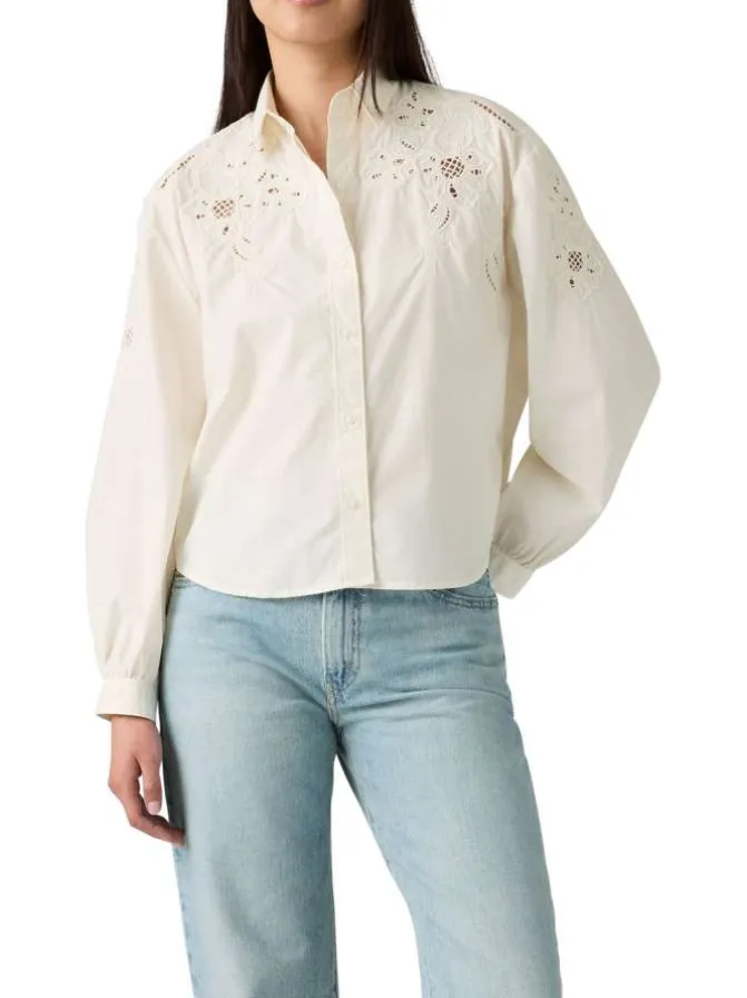 Chemisier en coton écru uni avec un col chemise et des détails brodés
