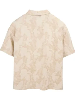 Chemisier en coton et lin mélangé beige à motifs coupe ajustée
