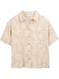 Chemisier en coton et lin mélangé beige à motifs coupe ajustée