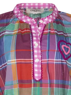 Chemisier en coton motif écossais multicolore avec une coupe large et un col Mao