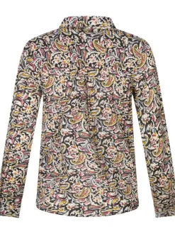 Chemisier en coton noir avec imprimé arabesque à coupe droite et col français