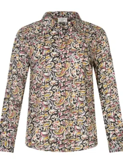 Chemisier en coton noir avec imprimé arabesque à coupe droite et col français
